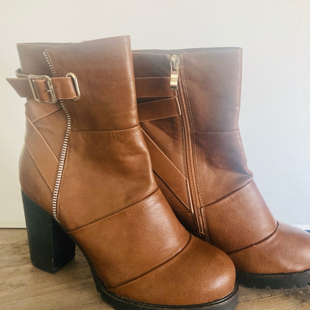 Chunky Brown Heeled Boots with Ankle Buckle